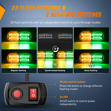 Nilight 4PCS LED Strobe lights 12V 24V Sync Feature Amber Green 24LED Emergency Hazard Warning Lights with Controller Hard Wire or Cigarette Lighter Plug for Car Truck RVs Campers