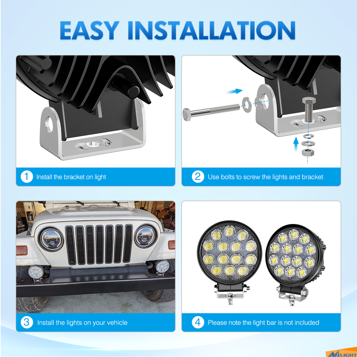 Nilight 2PCS Stainless Steel Mounting Base Brackets Adjustable Mount Bracket Kits for Round and Square 4.5Inch 27W 42W LED Light Bar