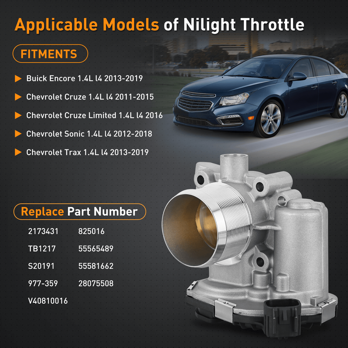 Nilight Electronic Throttle Body 55565489 fits for Buick Chevrolet Vehicles, Buick Encore 2013-2019, Throttle for Chevy Cruze 2011 2012-2016, Sonic 2012-2018, Trax 2013 2014 2015 2016 2017 2018 2019Electronic Throttle Body 55565489 fits for Buick Chevrolet Vehicles, Buick Encore 2013-2019, Throttle for Chevy Cruze 2011 2012-2016, Sonic 2012-2018, Trax 2013 2014 2015 2016 2017 2018 2019