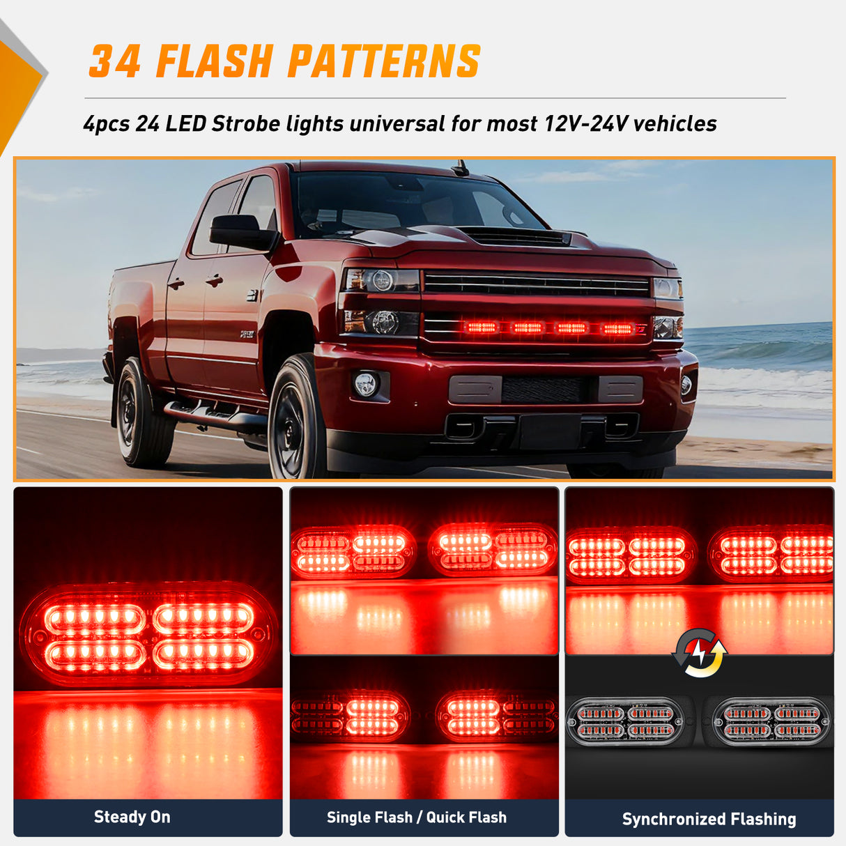 Led Strobe Light 4PCS 24LED Emergency Strobe lights 12V 24V Red Surface Mount Grille Hazard Safety Warning Light Sync Feature Side Flashing Marker Flash for Car Truck Campers