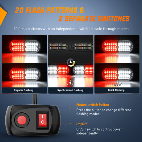 Nilight 4PCS LED Strobe lights 12V 24V Sync Feature Red White 24LED Emergency Hazard Warning Lights with Controller Hard Wire or Cigarette Lighter Plug for Car Truck RVs Campers