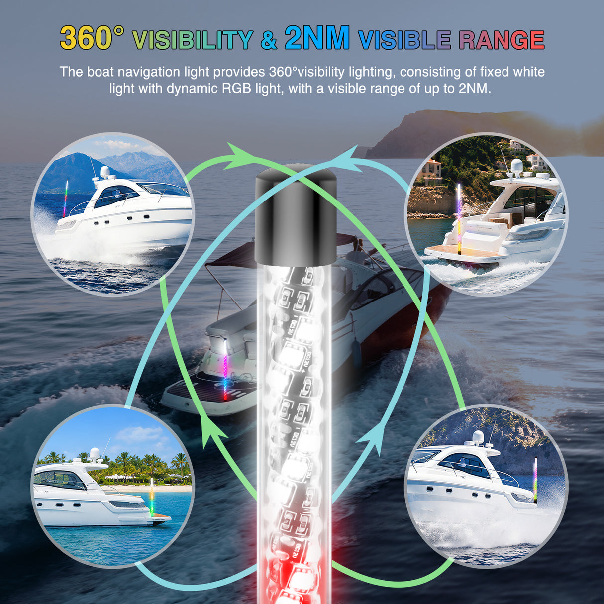 Boat Navigation Whip Light 3FT 360° Visibility 2NM Coast Guard Compliant 400+ Patterns with Remote Plug-in Base LED Spiral Boats Stern Lights for Night Fishing, Yacht, Pontoon Accessories