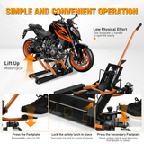 Motorcycle Lift Jack 1500 LBS Hydraulic Lifts ATV Scissor Jacks with Wheel Foot Pedal Handle Ratchet Belt Heavy Duty Lifter Stand Hoist Table for Dirt Bike Garage Storage Repair Tool,Orange