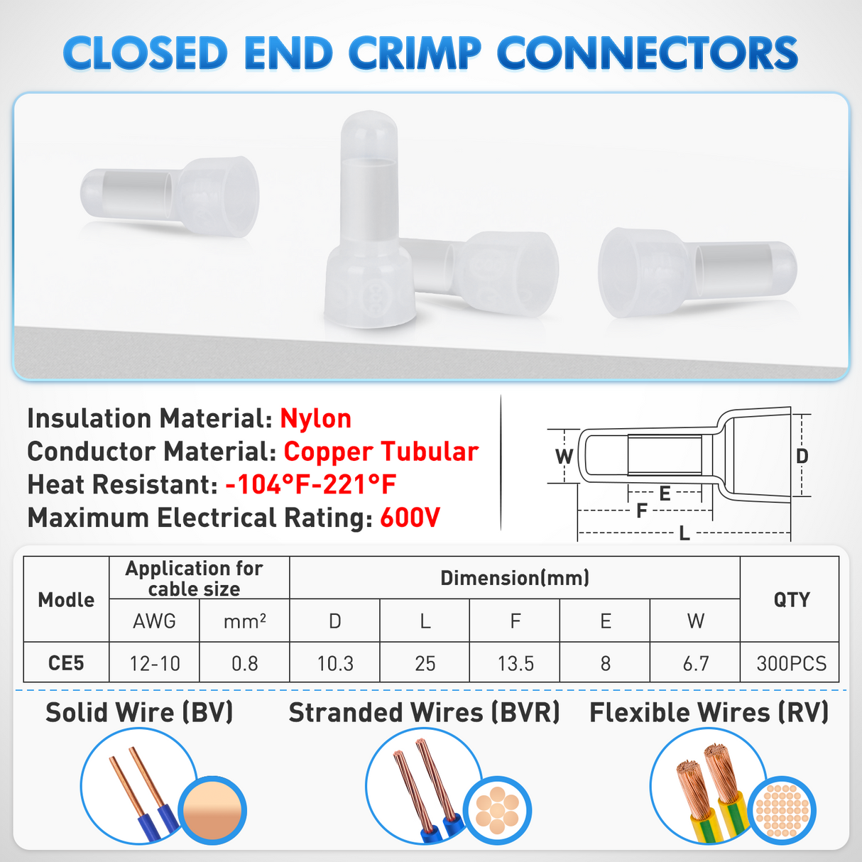 Nilight 300PCS CE5 Closed End Crimp Terminal 12-10 Gauge Nylon Insulated Closed End Wire Cap Wire Connectors Crimp Cap Terminals Connectors for Automotive Car Truck Boats Marine Electrical Wiring