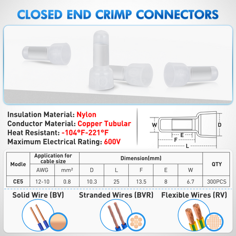 Nilight 300PCS CE5 Closed End Crimp Terminal 12-10 Gauge Nylon Insulated Closed End Wire Cap Wire Connectors Crimp Cap Terminals Connectors for Automotive Car Truck Boats Marine Electrical Wiring