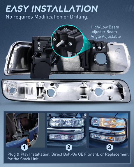 Nilight Headlight and Taillight Assembly Combo Compatible with 1999 2000 2001 2002 Chevy Silverado 1500 2500 1500HD 2500HD 3500 OE Style Chrome Housing Amber Reflector Smoke