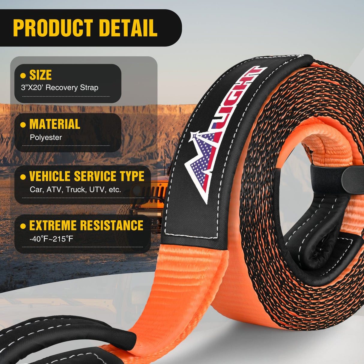 Shackle Recovery Ring 3 x 20Inch Recovery Tow Strap with Anti-Theft D-Ring Shackles