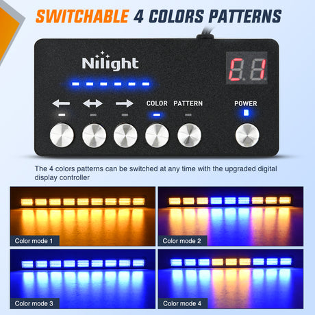 Led Strobe Light 162 LED Traffic Advisor Strobe Light Bar 2-in-1 Amber Blue Emergency Warning Hazard Lights with Controller 4 Switchable Color 36 Flash Pattern for Trucks Cars Tow Plow Construction Vehicles