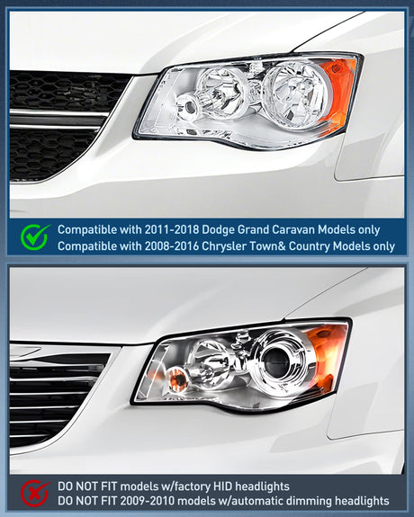 Nilight Headlight and Taillight Assembly Combo Compatible with 2011 2012 2013 2014 2015 2016 2017 2018 2019 2020 Dodge Grand Caravan OE Style Chrome Housing Amber Reflector with Red Housing Tail Light