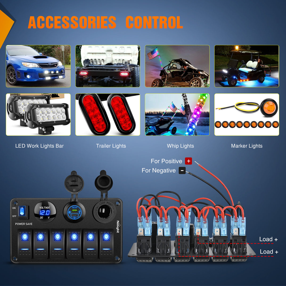 Nilight 6 Gang Rocker Switch Panel Waterproof Pre-Wired Aluminum Power Control Marine Panels with PD Type C and USB Cigarette Lighter Socket Voltmeter 12V 24V ON Off Switches for Car Trucks Boats RVs