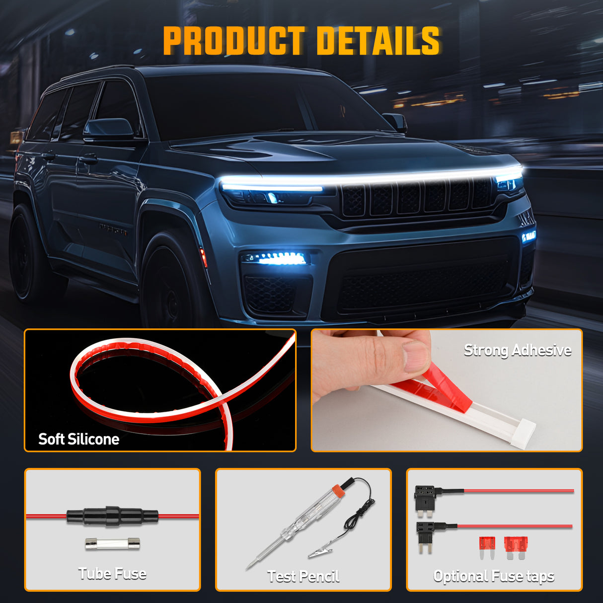 Led light Strip LED Hood Light Strip, 59Inch Flexible Car Hood Light Waterproof Dynamic Startup Daytime Running Light for Cars, SUVs, Trucks, White