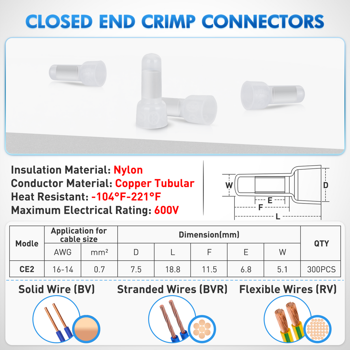 Nilight 300PCS CE2 Closed End Crimp Terminal 16-14 Gauge Nylon Insulated Closed End Wire Cap Wire Connectors Crimp Cap Terminals Connectors for Automotive Car Truck Boats Marine Electrical Wiring