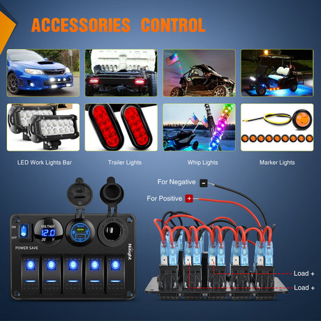 Nilight 5 Gang Rocker Switch Panel Waterproof Pre-Wired Aluminum Power Control Marine Panels with PD Type C and USB Cigarette Lighter Socket Voltmeter 12V 24V ON Off Switches for Car Trucks Boats RVs