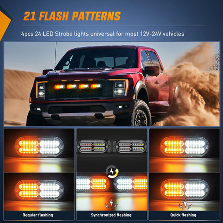 Surface Mount Strobe Lights 4PCS 24LED Amber White Emergency Strobe Lights