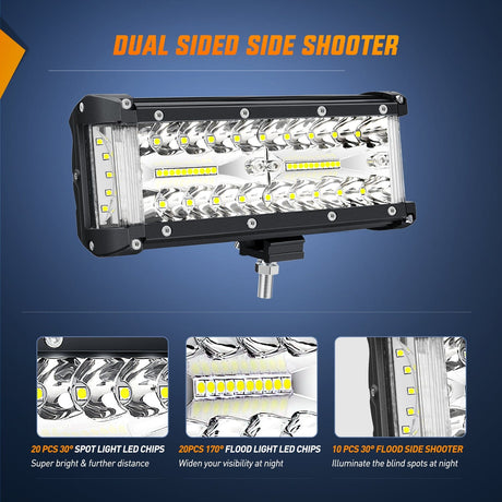 2PCS 7Inch Triple Row Spot Flood Combo Lights with 5Pin Rocker Switch Wiring Harness Kit Nilight