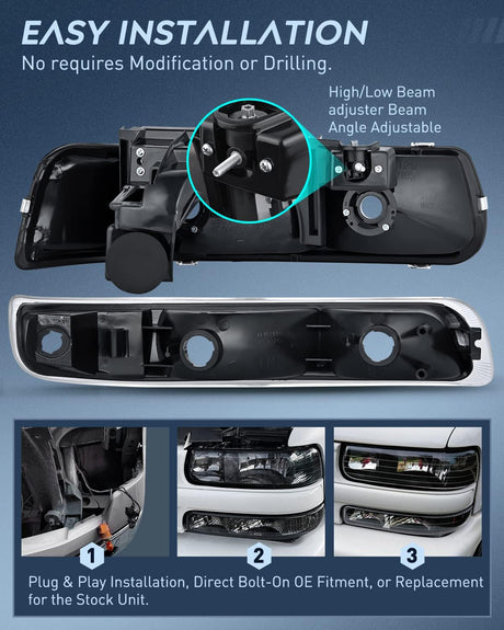 Nilight Headlight And Taillight Assembly Combo Compatible with 1999 2000 2001 2002 Chevy Silverado 1500 2500 1500HD 2500HD 3500 OE Style Black Housing Amber Reflector Clear