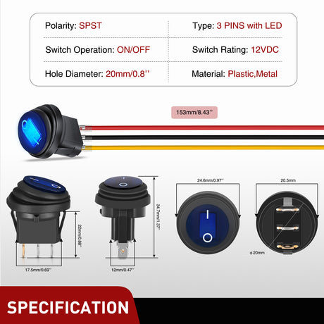 Nilight 5Pcs Waterproof Round Rocker Toggle Blue LED Switch 12V 20A 3 Pin ON Off SPST for Car Truck Boat Marine Automotive RV with Locked Terminal Wires