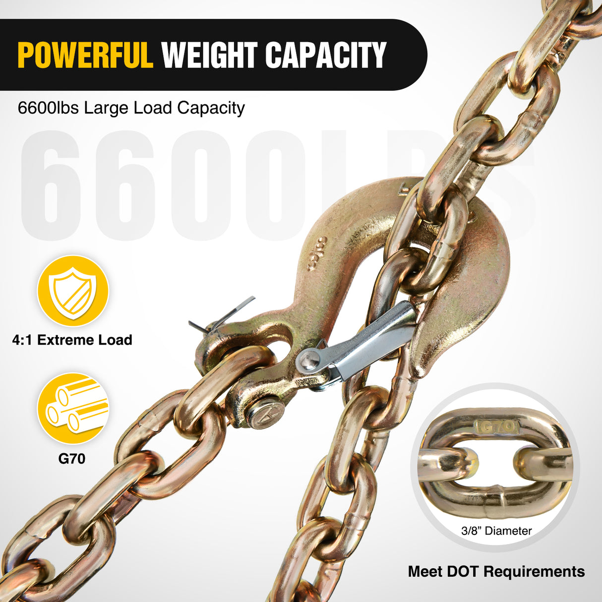 Nilight 3/8Inch X 35Inch Trailer Safety Chain 2pcs Grade 70 Towing Chain with Clevis Snap Hooks 26400lbs Break Strength use for Trailer, RV,and Boat Towing and Gooseneck Couplers