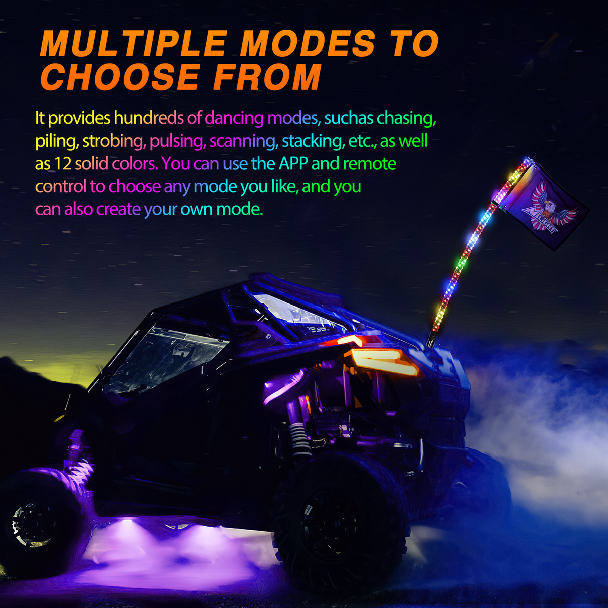 RGB Whip Light 1PC 4FT Lighted Antenna Whips with Remote & App Control DIY Chasing Patterns Brake Reverse Lights for ATV UTV Polaris RZR Can-am Dune Buggy Pickup Trucks Jeep
