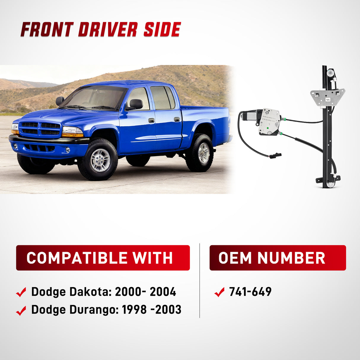 741-649 Power Window Regulator and Motor Front Driver Side Compatible with Dodge Dakota 2000 2001 2002 2003 2004,Dodge Durango 1998 1999 2000 2001 2002 2003,Front Left Side