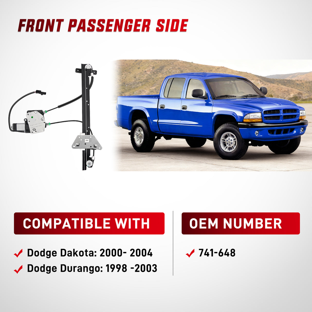 741-648 Power Window Regulator and Motor Front Passenger Side Compatible with Dodge Dakota 2000 2001 2002 2003 2004,Dodge Durango 1998 1999 2000 2001 2002 2003,Front Left Side