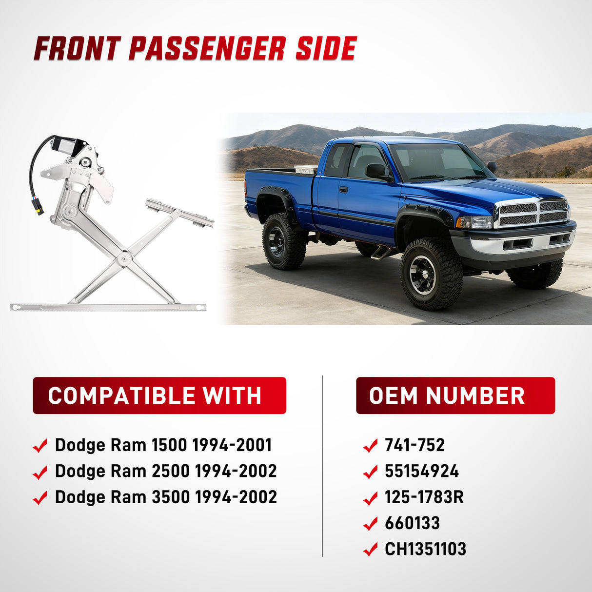 741-752 Power Window Regulator and Motor Front Passenger Side Compatible with Dodge Ram 1500 1994 1995 1996 1997 1998 1999 2000 2001,Ram 2500 3500 1994-2002,Front Right Side