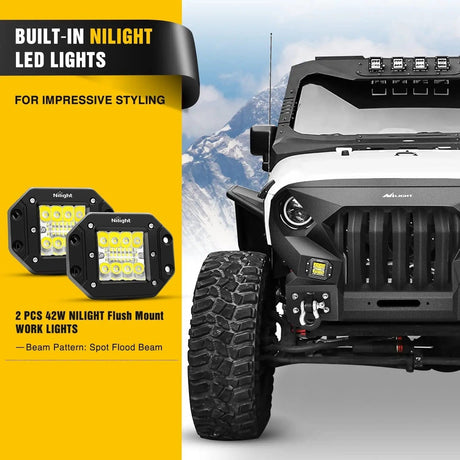Front Bumper 2007 2008 2009 2010 2011 2012 2013 2014 2015 2016 2017 2018 Jeep Wrangler JK & Unlimited (2/4 Doors) Front Bumper Grill with Winch Plate 2Pcs 42W LED Work Light Pods Textured Black Solid Steel Off-Road