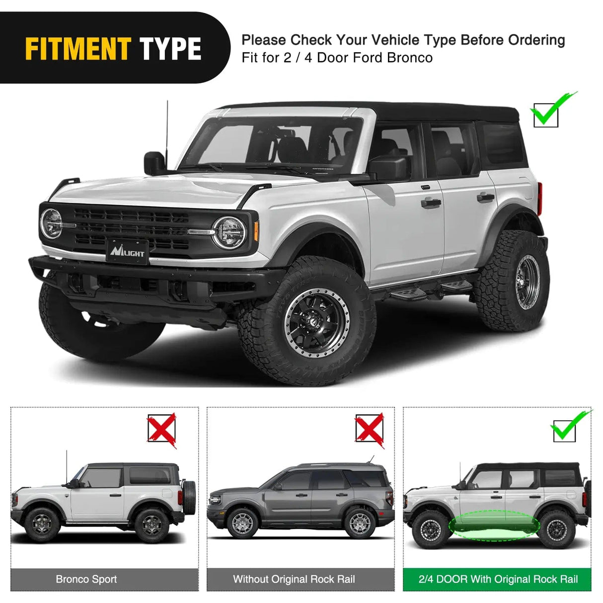 Running Board 2021 2022 2023 2024 Ford Bronco 2/4 Doors with The Rock Rails 4Pcs Heavy-Duty Running Boards Side Steps