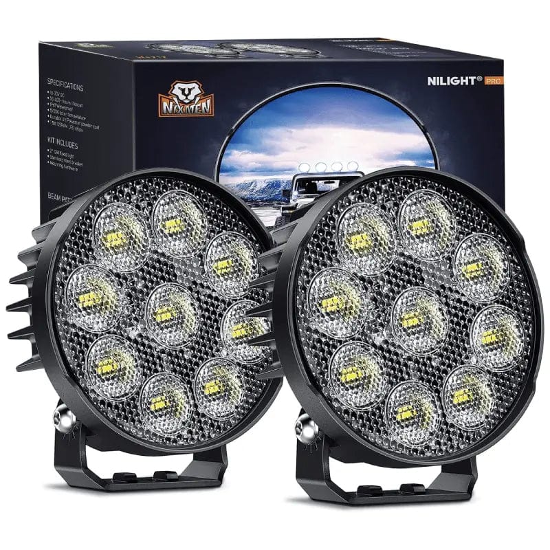 NiLight 4 Inch 27W 3370LM Round Flood Built-in EMC LED Work Lights (Pair)