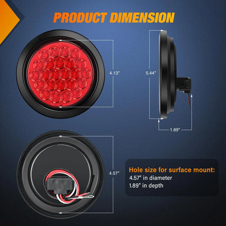 4 Inch Red Round 24Leds Tail Light Flush Mount Grommets 2Pcs Nilight
