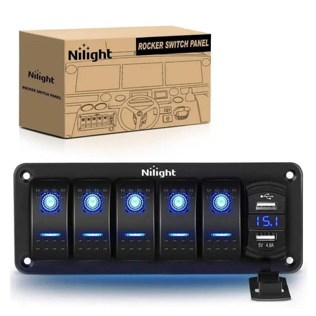 switch panel 5Gang Aluminum 5Pin ON/Off Blue Rocker Switch Panel w/ 4.8 Amp Dual USB Charger Voltmeter