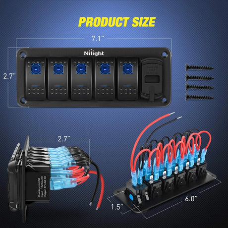 switch panel 5Gang Aluminum 5Pin ON/Off Blue Rocker Switch Panel w/ 4.8 Amp Dual USB Charger Voltmeter