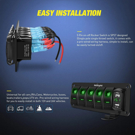 5Gang Aluminum 5Pin ON/Off Green Rocker Switch Panel w/ 4.8 Amp Dual USB Charger Voltmeter Nilight