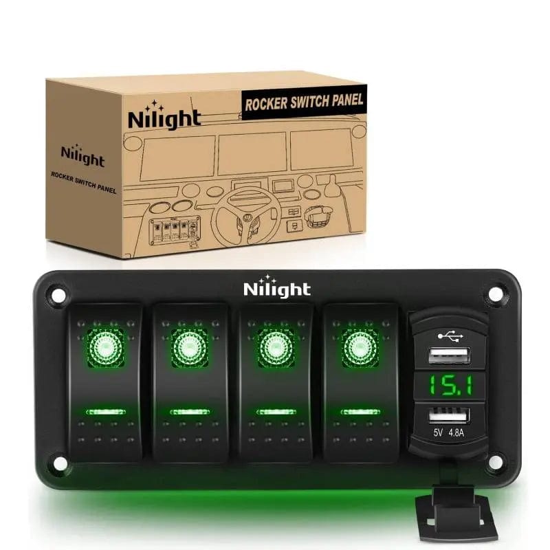 4Gang Aluminum 5Pin ON/Off Green Rocker Switch Panel w/ 4.8