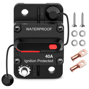 40A Circuit Breaker Resettable 12-48V DC Manual Reset w/Copper Wire Lugs Surface Mount Overload Protection Nilight
