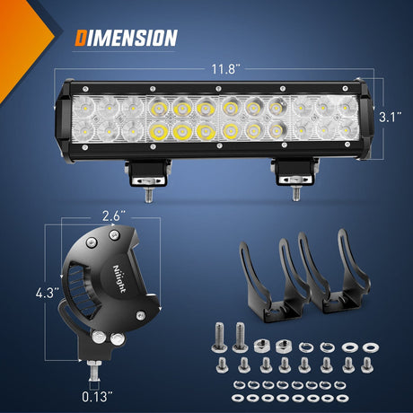 Nilight 12 Inch 72W 5000LM Double Row Spot Flood LED Light Bars with Amber/Black Covers (Pair)