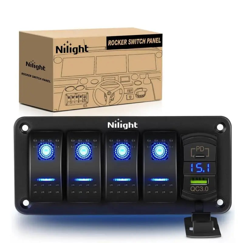 4Gang Aluminum 5Pin ON/Off Blue Rocker Switch Panel w/ PD Type C and ...