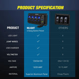 4Gang Aluminum 5Pin ON/Off Blue Rocker Switch Panel w/ PD Type C and USB Charger Voltmeter Nilight