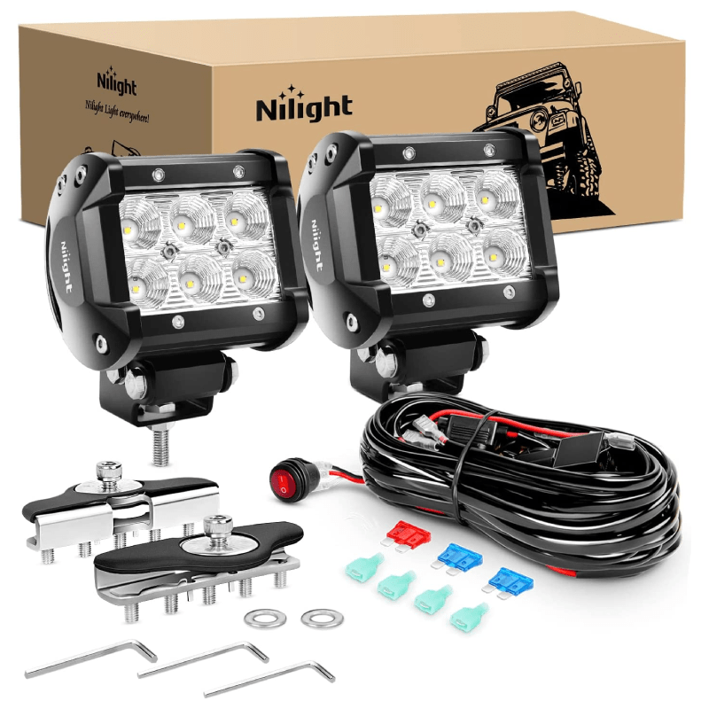 4" 18W Flood LED Pods (Pair) | Pillar Hood Mount | 16AWG Wire 3Pin Switch Nilight