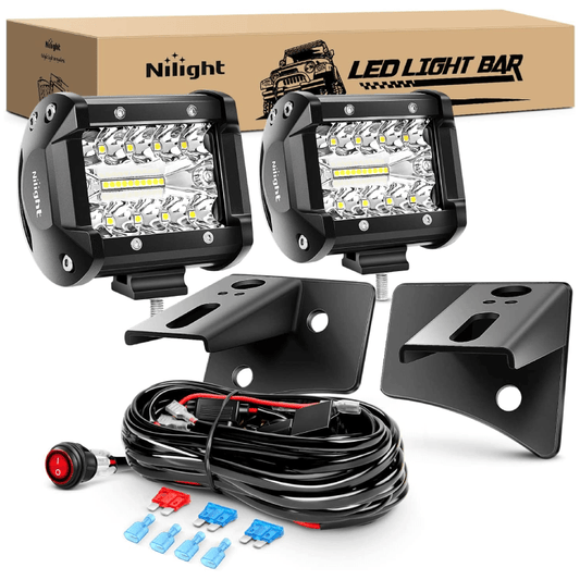 4" 60W Triple Row Spot/Flood LED Pods (Pair) | 16AWG Wire 3Pin Switch | Windshield Hinge Mount for 2007-2017 Wrangler JK/JKU 2DR 4DR Nilight