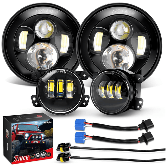 1997-2018 Wrangler JK Unlimited JKU TJ CJ Rubicon 7" Round Cree Headlight and 4" Fog Lights 4Pcs Nilight