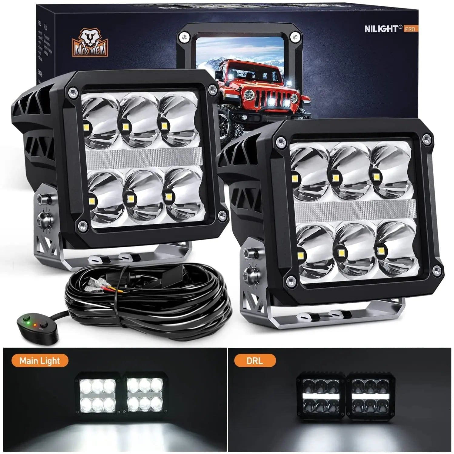 LED Light Bar 4" 60W 6487LM Square DRL Spot LED Pods (Pair) | 16AWG DT Wire