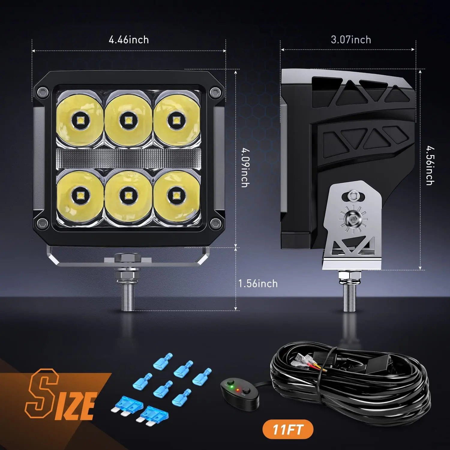 LED Light Bar 4" 60W 6487LM Square DRL Spot LED Pods (Pair) | 16AWG DT Wire