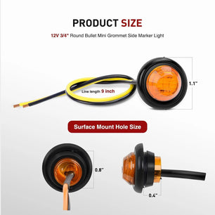 Trailer Light 3/4” Amber Round LED Marker Lights (10 Pcs)