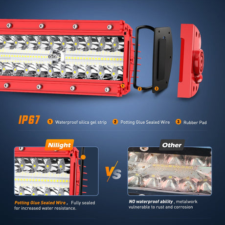 Nilight 22 Inch 480W 28800LM Triple Row Red Shell Spot Flood Led Light Bar | 16AWG Wire 5Pin Switch