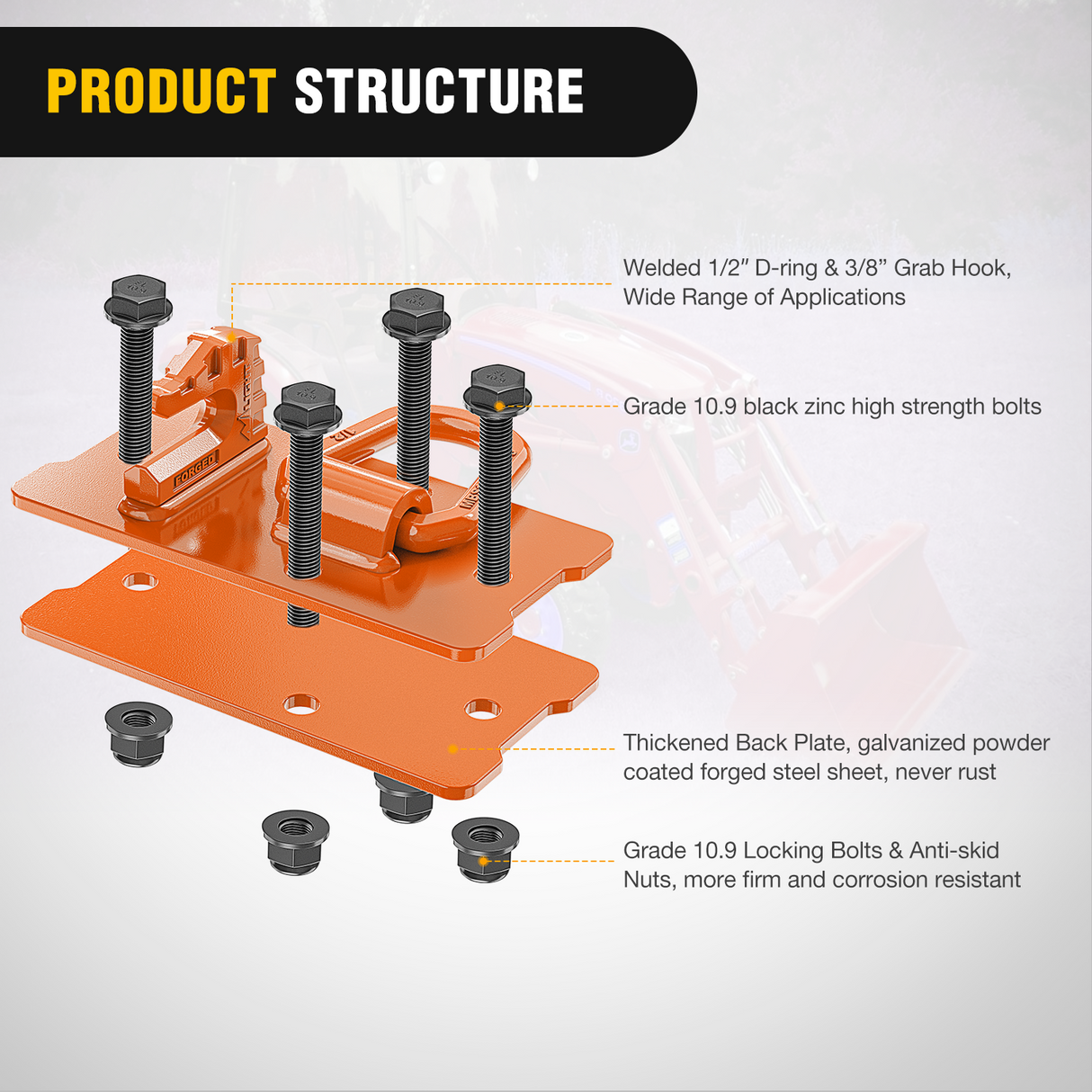 Nilight 2PCS Tractor Bucket Hooks with Tie Down Ring, Bolt-On Grab Hook with Back Plates Compatible with Trailer RV UTV Truck, Grade 70 Grade Forged Steel Max 15000 lbs, Orange
