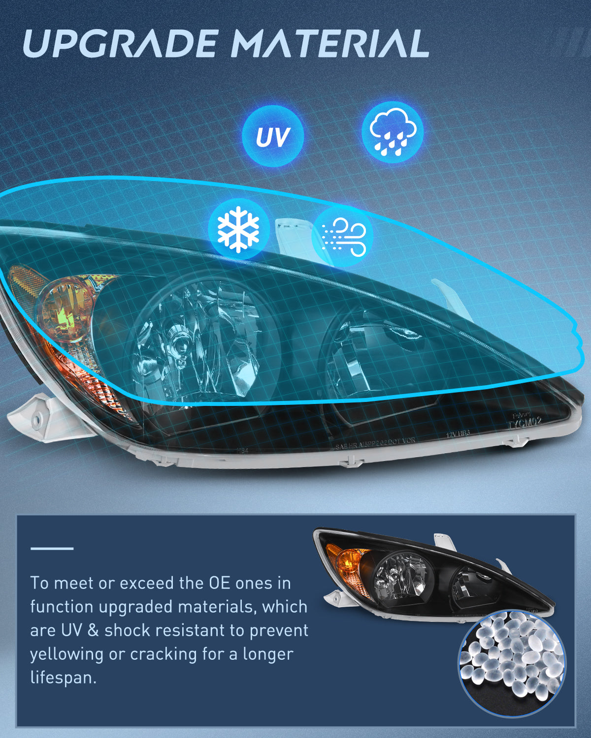 Headlight Assembly for 2002 2003 2004 Toyota Camry LE/XLE Headlamps Replacement Black Housing Amber Reflector Clear Lens Driver and Passenger Side