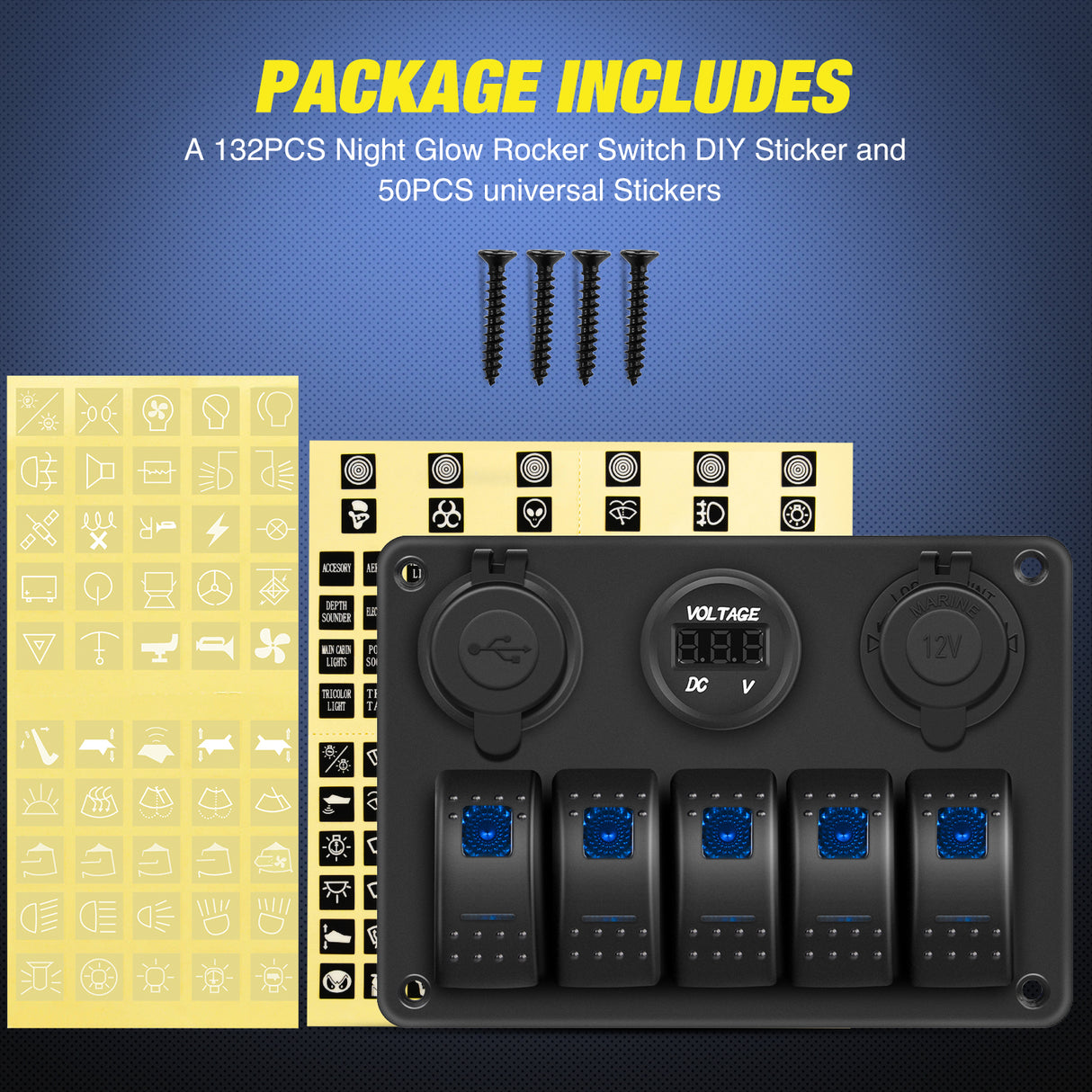 Nilight 5 Gang Rocker Switch Panel Pre-Wired Aluminum with PD Type C and USB Cigarette Lighter Socket Voltmeter 12V 24V ON Off Toggle Switches for Car Trucks Boats RVs