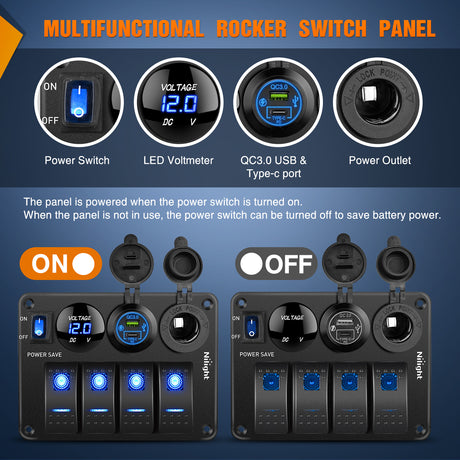 Nilight 4 Gang Rocker Switch Panel Waterproof Pre-Wired Aluminum Power Control Marine Panels with PD Type C and USB Cigarette Lighter Socket Voltmeter 12V 24V ON Off Switches for Car Trucks Boats RVs