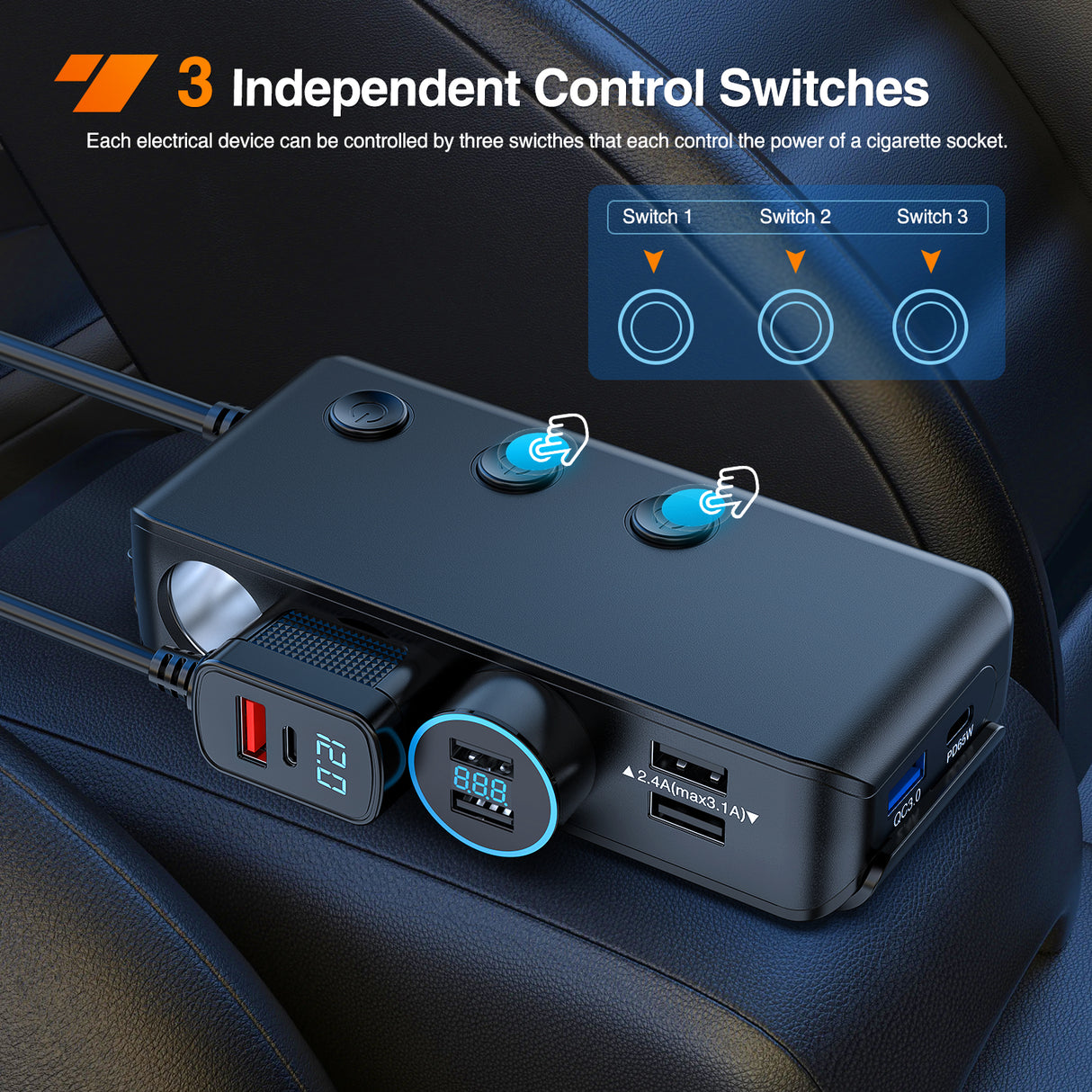 Nilight 9 in 1 Cigarette Lighter Adapter Splitter 3 Sockets PD 65W and QC3.0 18W Ports with Independent Switches LED Voltage Display for 12V 24V Cars SUV Van Truck Jeep Camper